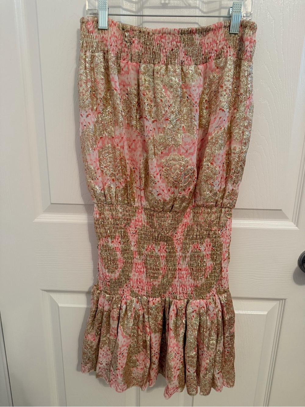 Muche Muchette Pink & Gold Metallic Printed Strapless Smocked Dress ~ OS